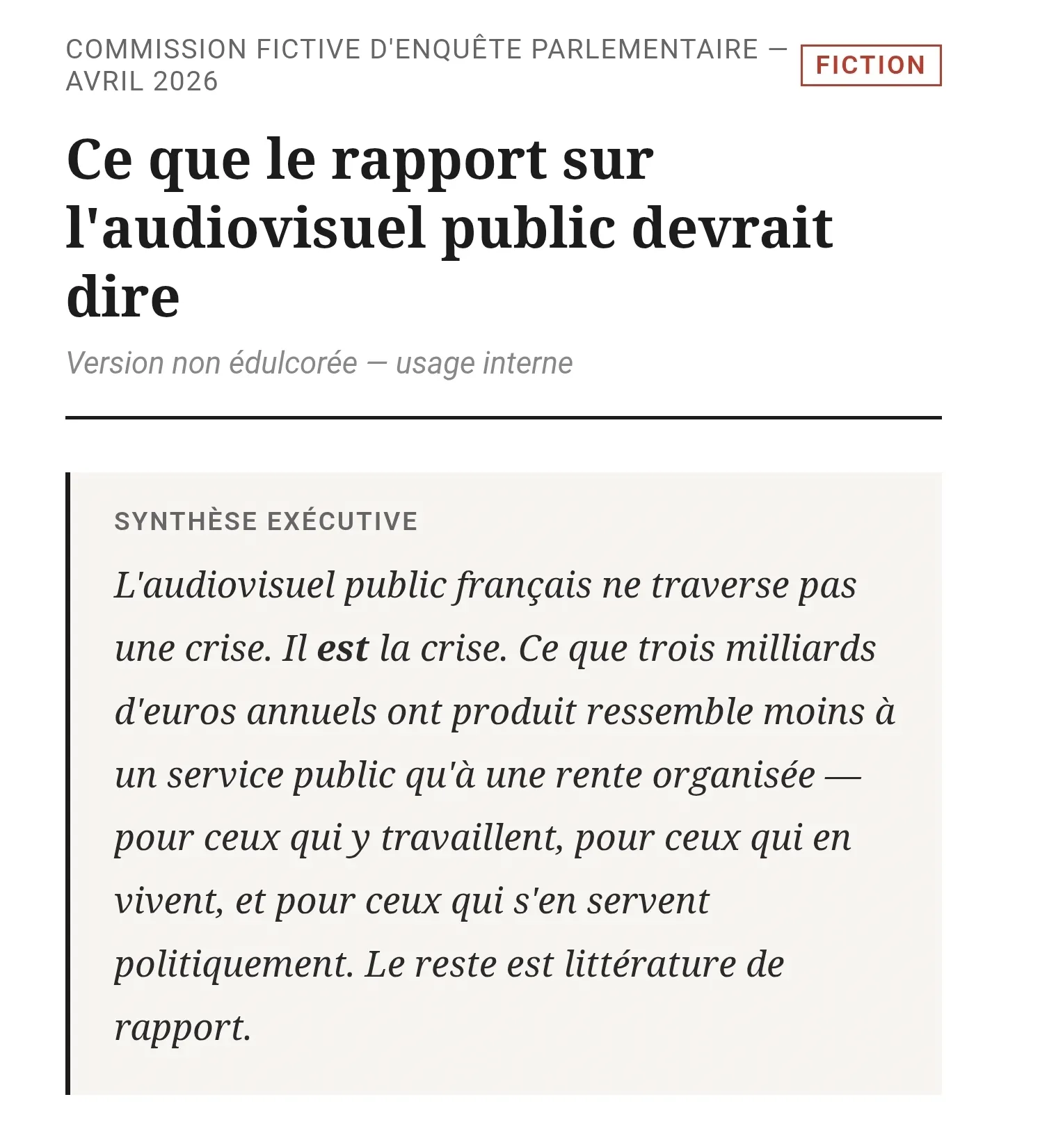 Audiovisuel public : rapport d’enquête parlementaire -- FICTION 2031